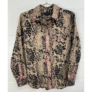 J Crew Leopard Print Button Up Shirt Womens Size XS Pink Trim Linen Blend